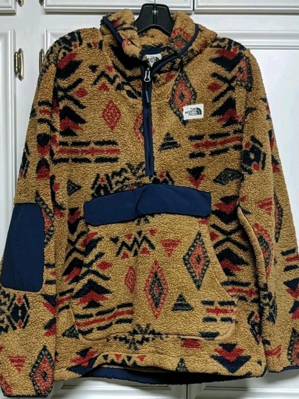 The North Face Kids' Tan Aztec Sherpa Pullover Jacket with Navy and Red Accents